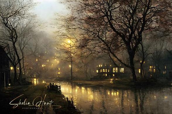 Late evening rain and fog in a residential section Philadelphia, Pennsylvania. As the fog was rolling in, the streetlamps and the lights from the houses gave off a beautiful glow and illuminated the rainy street with golden reflections. The original photograph has been digitally enhance to emulate a watercolor painting. Image by Shelia Hunt Photography.