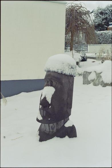A snow-covered Easter Island statue stands in a snowy landscape, with a white wall and foliage in the background.