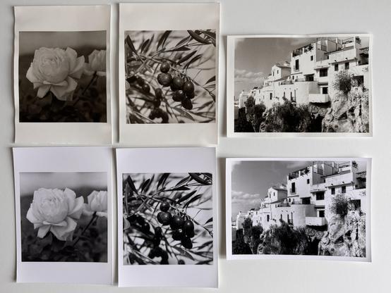 Six darkroom prints, three on RC paper and three on fibre paper.