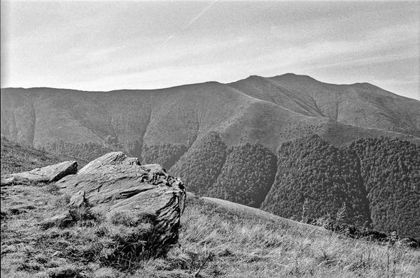 The black and white photograph features a serene mountainous landscape. In the foreground, there are large, rugged rocks with textured surfaces resting on a grassy hillside. The grass appears dry and uneven, adding to the natural atmosphere. In the background, rolling hills and mountains stretch across the horizon, with steep slopes and tree-covered valleys creating contrast. The trees are densely packed, forming dark patches against the lighter mountain surfaces. The sky above the mountains is vast and mostly clear, with a faint gradient of light suggesting calm weather