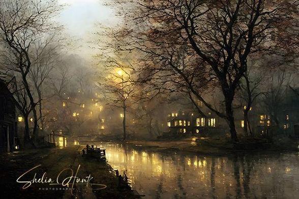Late evening rain and fog in a residential section Philadelphia, Pennsylvania. As the fog was rolling in, the streetlamps and the lights from the houses gave off a beautiful glow and illuminated the rainy street with golden reflections. The original photograph has been digitally enhance to emulate a watercolor painting. Image by Shelia Hunt Photography.