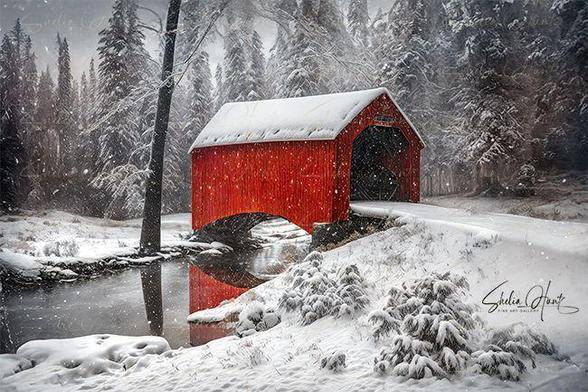 This creative artwork depicts a beautiful red covered bridge in snow, with a little creek passing below the bridge, reminding you of a winter scene at Thanksgiving or Christmas. This textured artwork is from the Fine Art Gallery of Shelia Hunt at shelia-hunt.pixels.com .