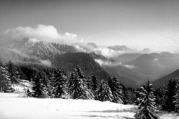 A serene winter landscape of the Blue Ridge Mountains featuring soft snow, evergreens, and gentle clouds hugging the mountain peaks. This digitally enhanced photograph captures the peaceful beauty of North Carolina’s winter landscapes in black-and-white.