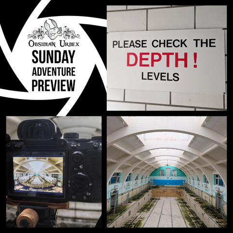 Sunday adventure preview collage, showing photos of an abandoned swimming pool and sign saying "please check the depth! levels"
