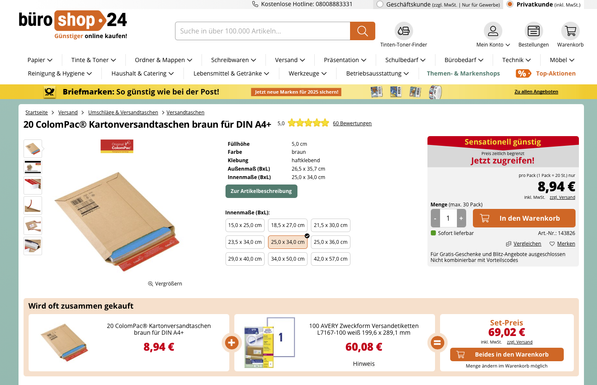 Preis über Preissuchmaschine für 20 Versandkartons: 8,94