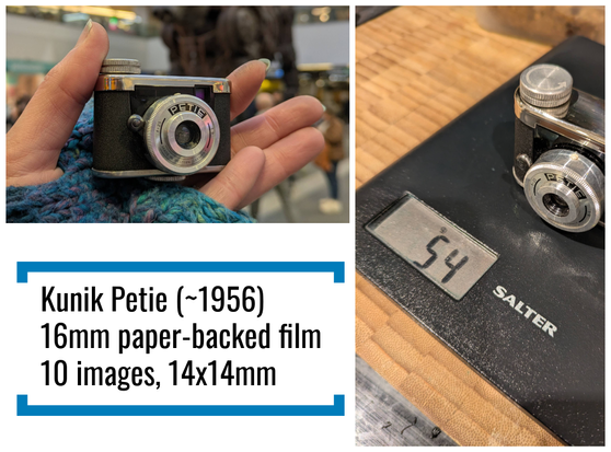 text "Kunik Petie (~1956)
16mm paper-backed film 
10 images, 14x14mm"

photos of a very small camera fitting in the palm of a hand, and, on scales weighing 54g