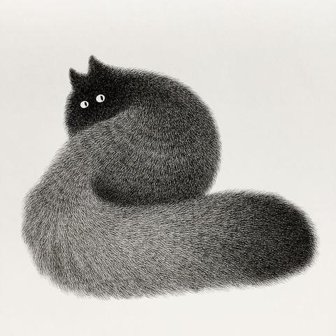 A monochrome ink drawing of a black cat, in stylised form. The cat is looking over its left shoulder, two large white eyes with black slit pupils are staring directly at the viewer. Its long back and large tail are forming a mirrored S shape. It's comical but also very cleverly drawn. The drawing isn't signed but the artist is Kamwei Fong from Malaysia.
