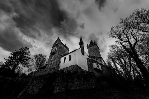 Ein Bild mit dramatischer Atmosphäre. Es zeigt ein Schloss in Schwarz-Weiß, umgeben von einer Kulisse aus dunklen, bedrohlichen Wolken, die dem Himmel eine mysteriöse und fast unheilvolle Stimmung verleihen. Das Schloss hat mehrere Türme mit spitzen Dächern, und einer der Türme zeigt stolz eine Uhr. Die Architektur ist imposant und hat sowohl klassische Steinbauweisen als auch gotische Elemente, was die historische Bedeutung des Bauwerks betont.

Umrahmt wird das Schloss von hohen, blattlosen Bäumen, die den mystischen Eindruck noch verstärken. 