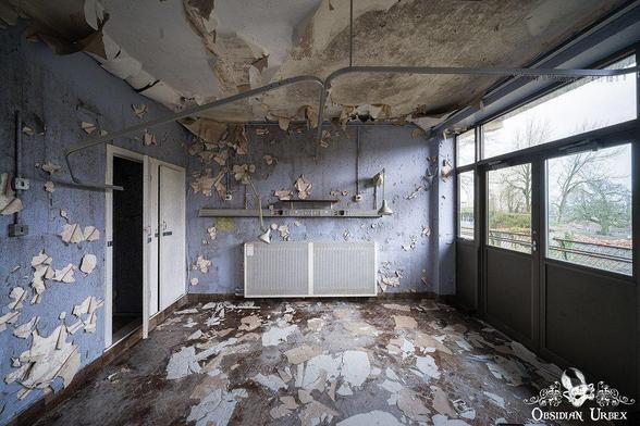 old hospital ward, with purple peeling paint