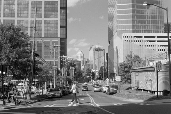 A view looking down the street toward the central business district