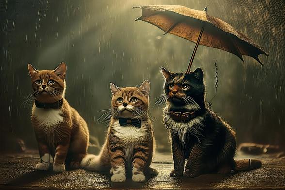 Three cats outside in the rain and with one umbrella. Cute art with help of AI