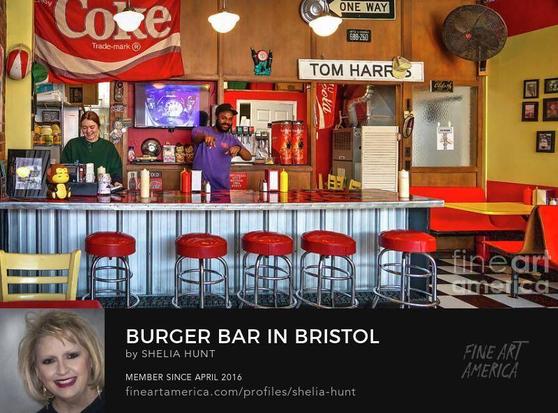 Located in the heart of Bristol, Virginia, the Burger Bar is a beloved local haunt known for its mouthwatering hamburgers and vibrant atmosphere. this image is a scene inside the restaurant, in color tones of red and yellow that are symbolic of the 50s and 60s era. From the Fine Art Gallery of Shelia Hunt at Shelia-hunt.pixels.com