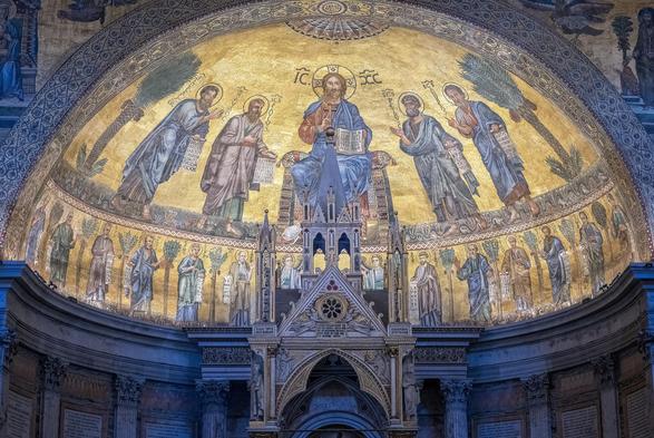 MOsaic dome from the 13th century from the Basilica of St Paul Outside the Walls in Rome Italy. It features depictions of Christ and the apostles with other Christian symbolism.