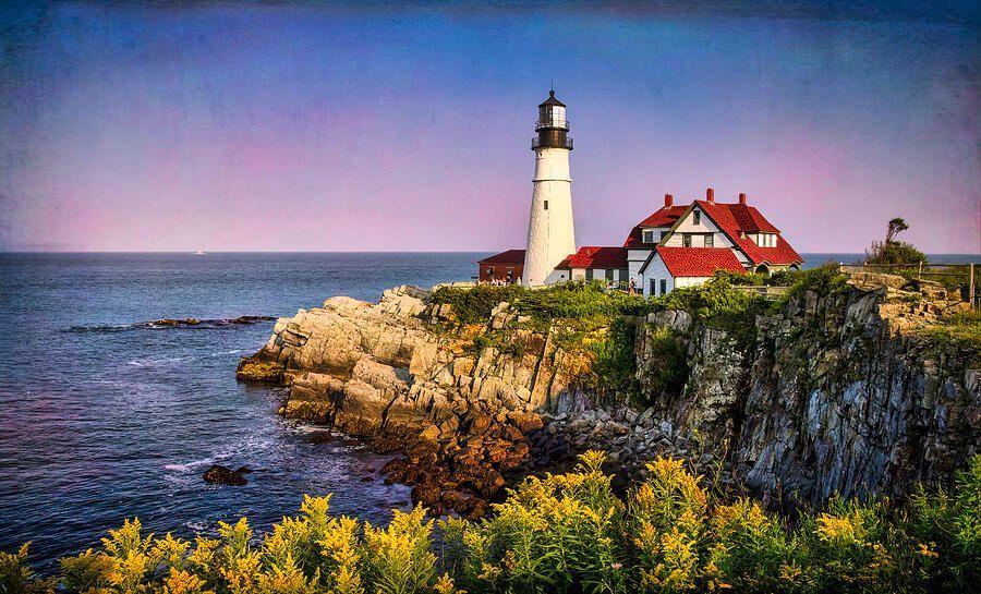 Textured overlay of Portland Head Lighthouse coastal art in Cape Elizabeth, Maine, showcasing the beauty of the iconic lighthouse and scenic New England coastline. From the Fine Art Gallery of Shelia Hunt.