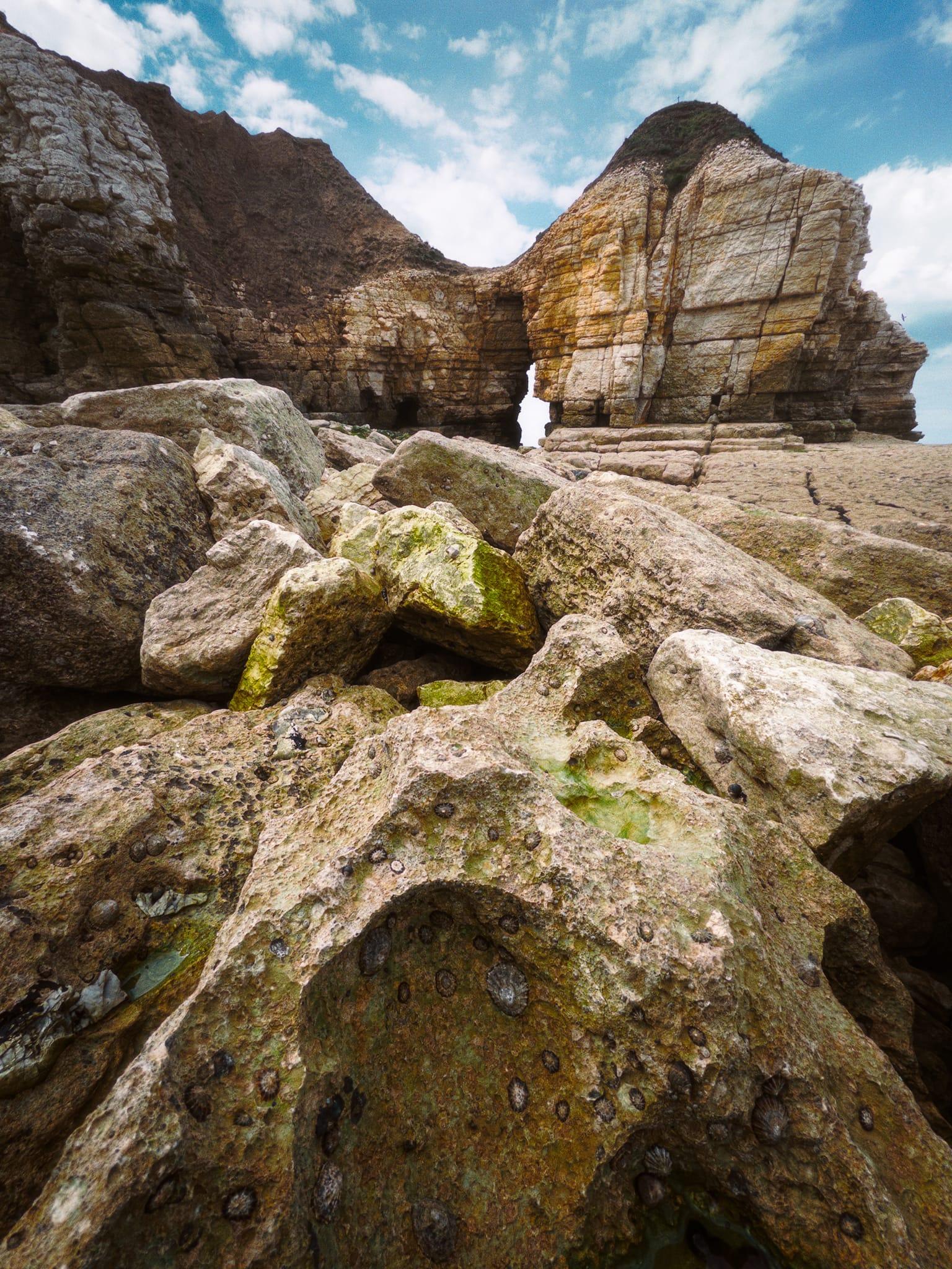 Low-angle view across large, weathered rocks at Thornwick Bay towards Thornwick Nab, where layered chalk cliffs rise steeply beneath a blue, partly cloudy sky, with a narrow natural opening visible through the rock formation.