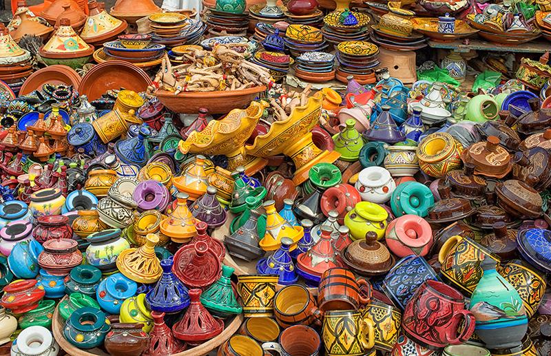 Huge stock of colorful ceramic pots in Morocco, Africa