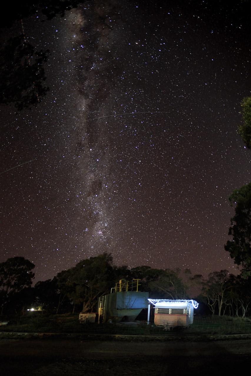The Milky Way as seen from the Southern Hemisphere over an old Caravan (not in use, just has some fairy lights on it, which blew out in the exposure).