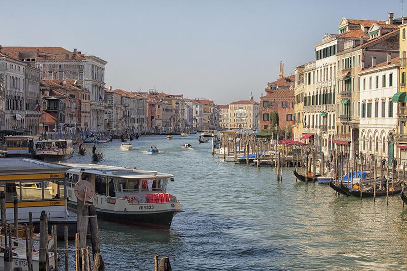 View on a busy Grand Canal from the Rialto bridge in Venice, Italy