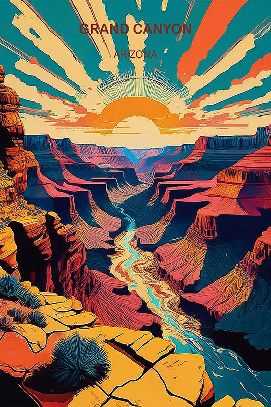 Grand Canyon National Park, Arizona, vertical vintage style travel poster.