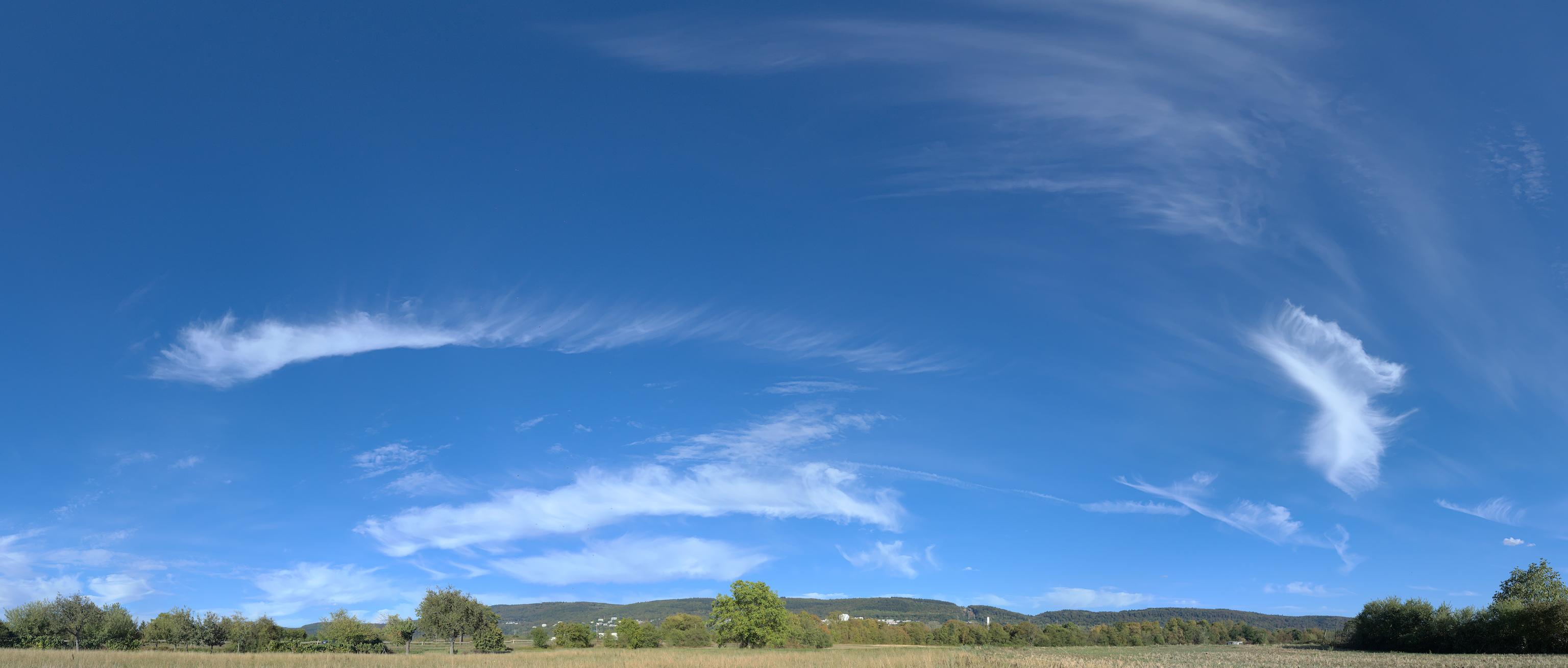 Panoramic view of a blue sky with some feathery clouds