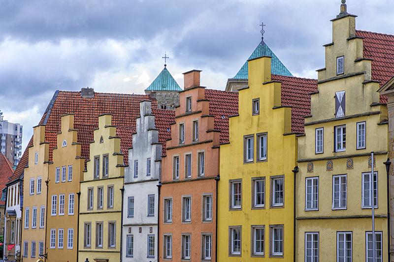 Colorful gabled houses in the historic market of the old town of Osnabruck, Germany