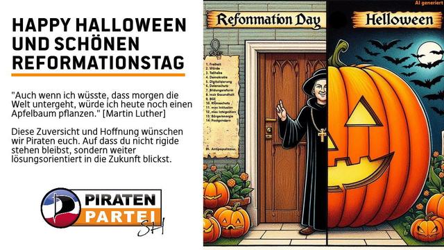 Ein Sharepic mit den Motiven „Reformationstag“ mit einer historischen Figur und „Halloween“ mit einem lächelnden Kürbis. Text und Logos der Piraten Partei SH: Happy Halloween und Schönen Reformationstag. 
