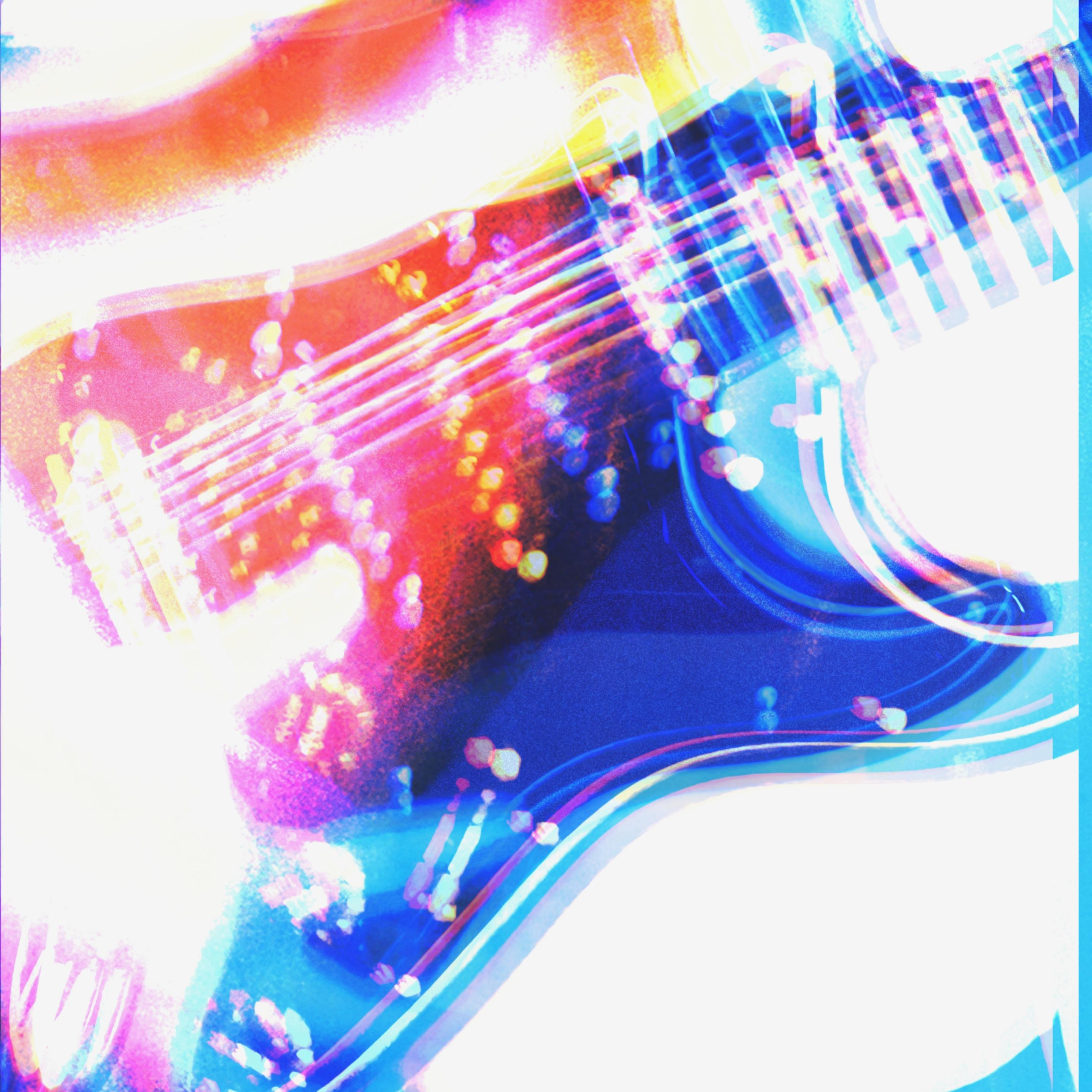 a smudgy, bright, noisy, blurry, spectral, eye-puckingly colourful close-up shot of my startocaster electric guitar, with ghostly apparitions of my hand and other overlapping mirage images of the guitar phasing through. there's lots of blue and orange that mix together into red and pink sometimes. it's really, really explosive.