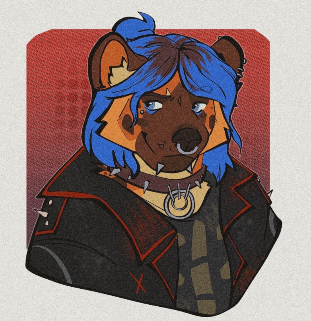 a furry portrait of my fursona, dressed in a spikey collar, black t-shirt with a ribcage print, and punk jacket and wearing silver piercings, looking to the right, with a reserved, calm smirk. the background is a red square textured with barely visible geometric patterns

this time however my fursona is a spotted hyena and not a fox. their fur is less fluffier than usual, and is orangey-brown with chocolate colored spots. they have middle-length hair tied in a half updo bun hairstyle. the hair are black at the roots and blue at the mids and ends. my fursona has blue eyes, and black eyebrows. the left eyebrow is slashed. they also wear blue eyeshadows, the same color as their hair.

my sona also has one industrial piercing and two small rings in the left ear, as well as a nose ring, a teardrop one under the right eye, and two spikes at the chin.

the collar is black and has silver spikes and a ring at the center. the jacket is a worn leather punk jacket with spiked and red elements and lines on it.