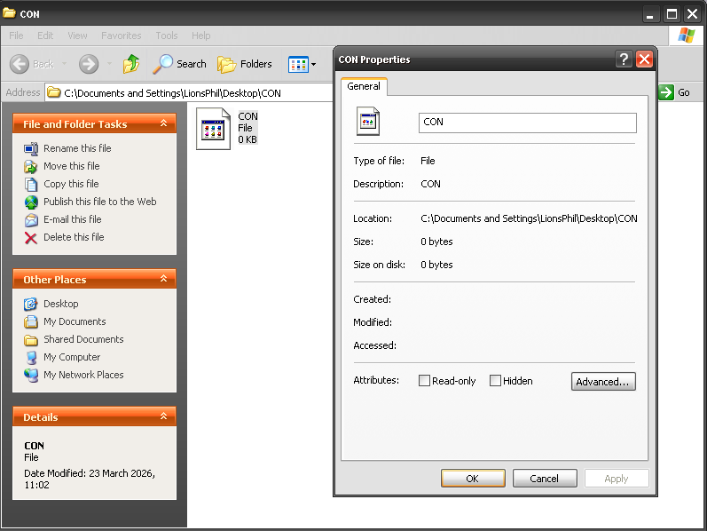 Explorer circa WinXP showing a file called CON inside a folder called CON on the desktop. Most of its properties are missing because half of Windows doesn't think this can exist, but the other half is just fine with it.