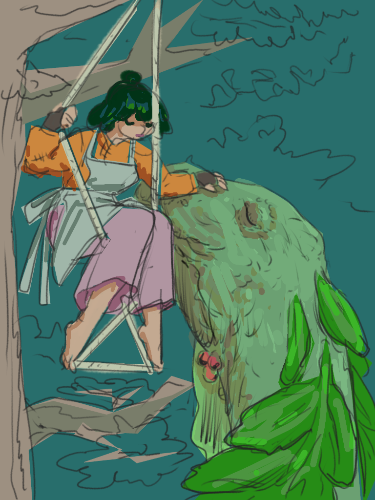 A woman sitting on a rope swing under a tree canopy, and petting the head of a green sauropod that has leaves growing on it's neck. Digital sketch.