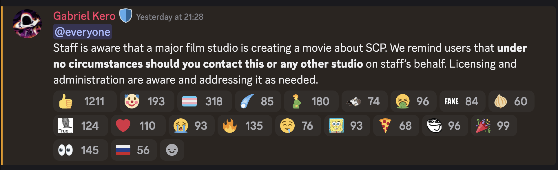 this is a screenshot of an official announcement from an SCP Wiki moderator informing the official SCP Wiki discord of the movie:

"@everyone

Staff is aware that a major film studio is creating a movie about SCP. We remind users that under no circumstances should you contact this or any other studio on staff’s behalf. Licensing and administration are aware and addressing it as needed."