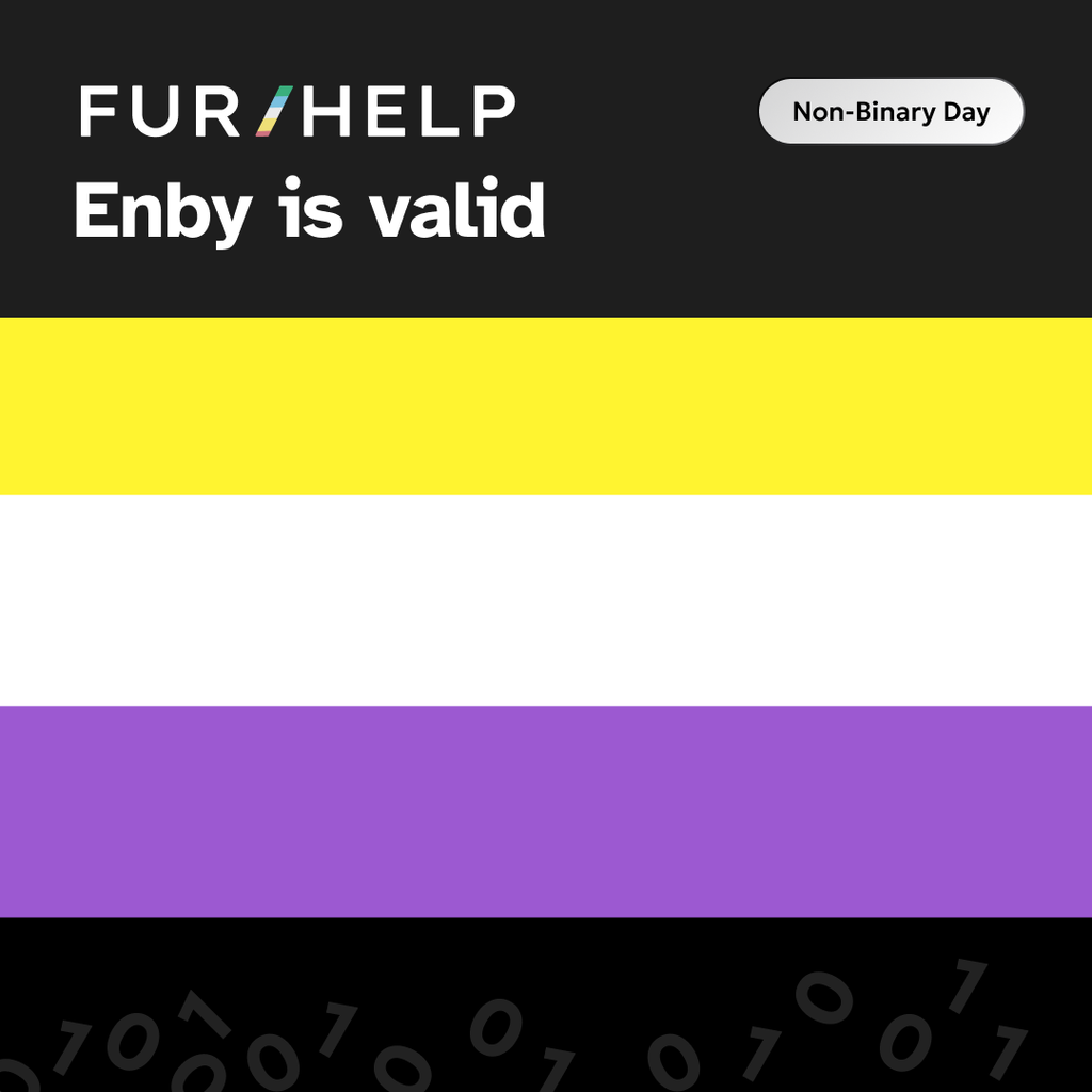 A banner in the colors of the non-binary flag (yellow, white, purple, black) featuring the text “Enby is valid,” a “Non-Binary Day” badge, and the FUR/HELP logo.