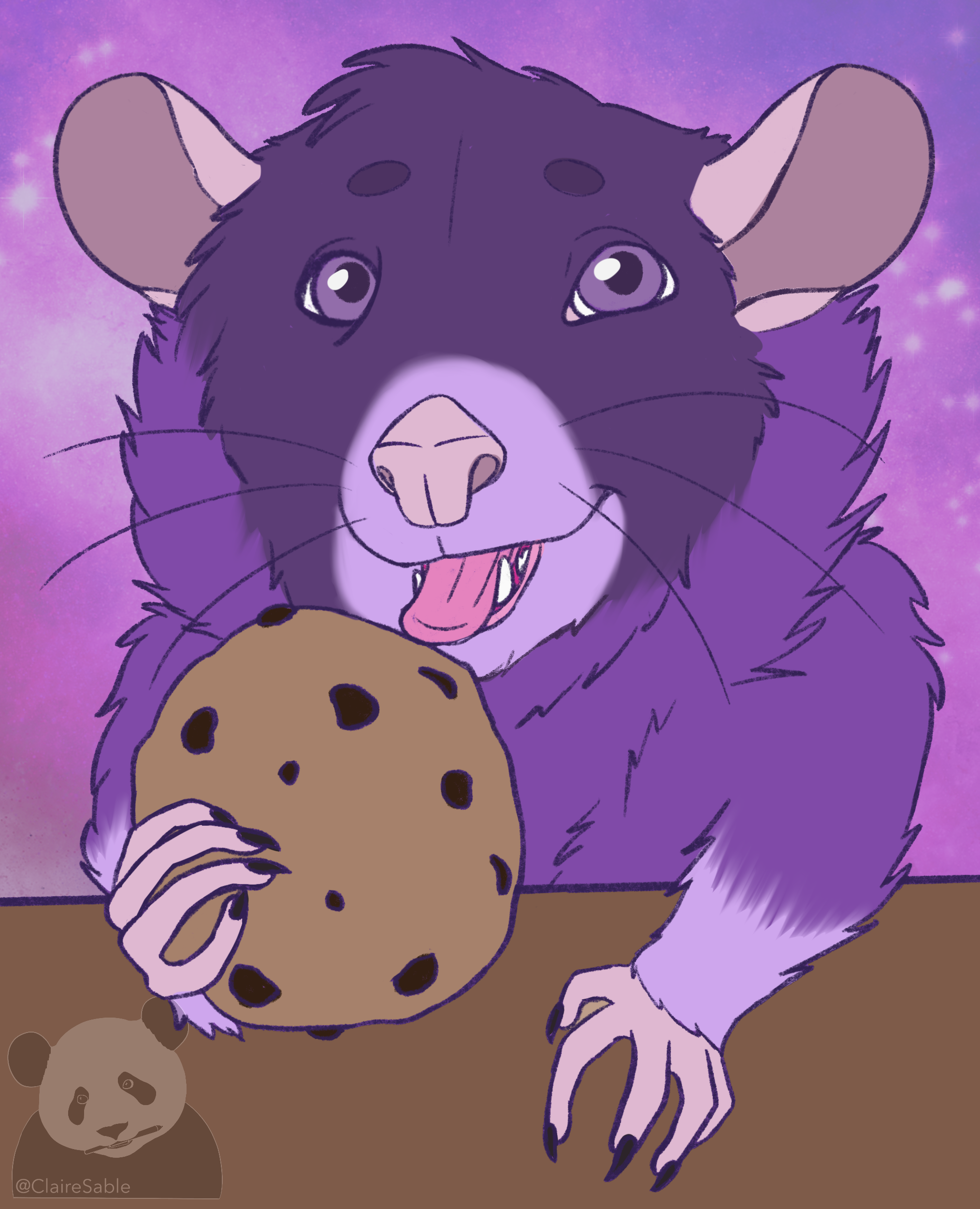 Drawing of a semi-realistic looking possum, sitting at a table, and holding a chocolate chip cookie in their paw. Their mouth is open, and their eyes are bright. Their coat is various shades of purple, with a darker face, light snout and light forearms.
