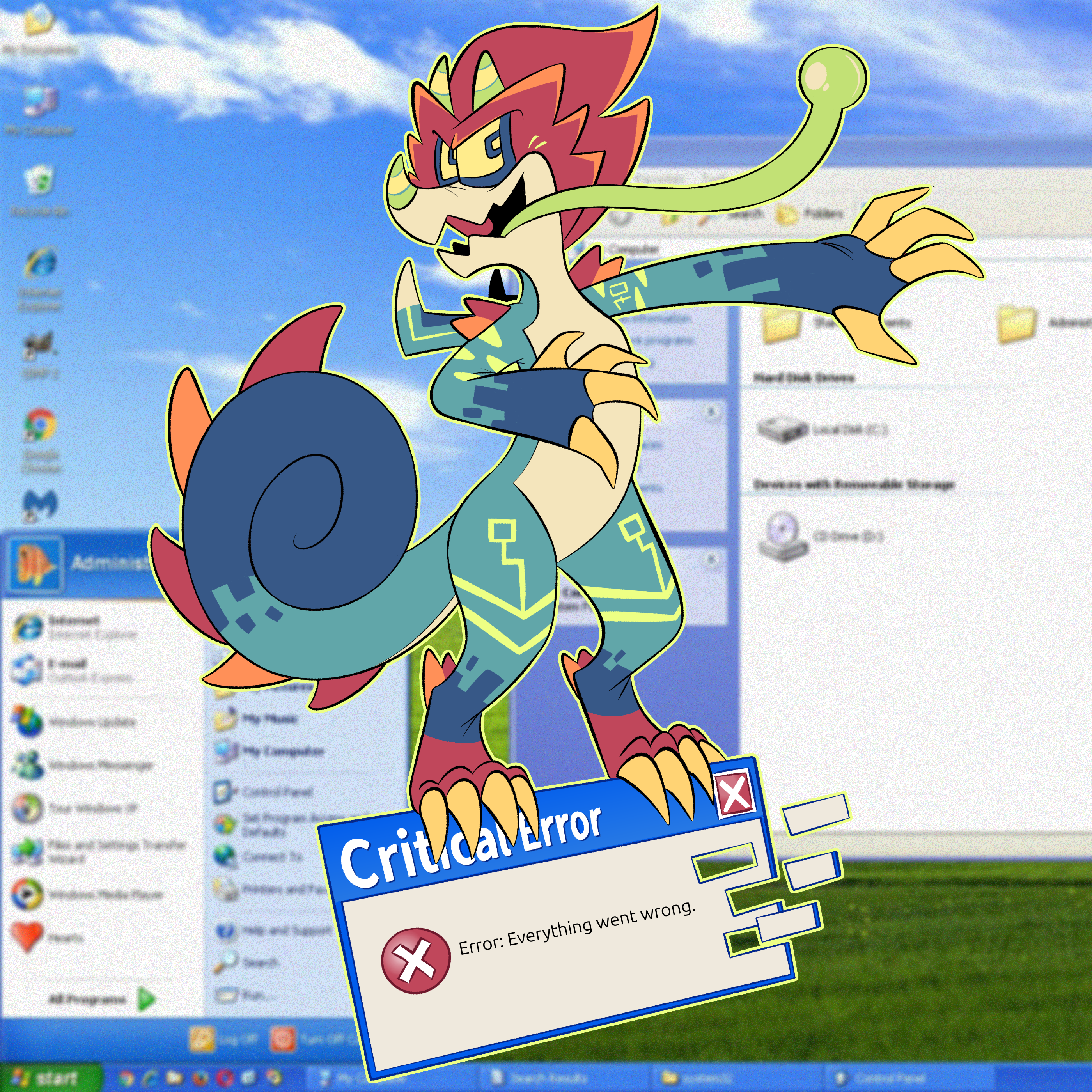 Drawing of a Jackson's chameleon inspired creature design surfing on an error message.