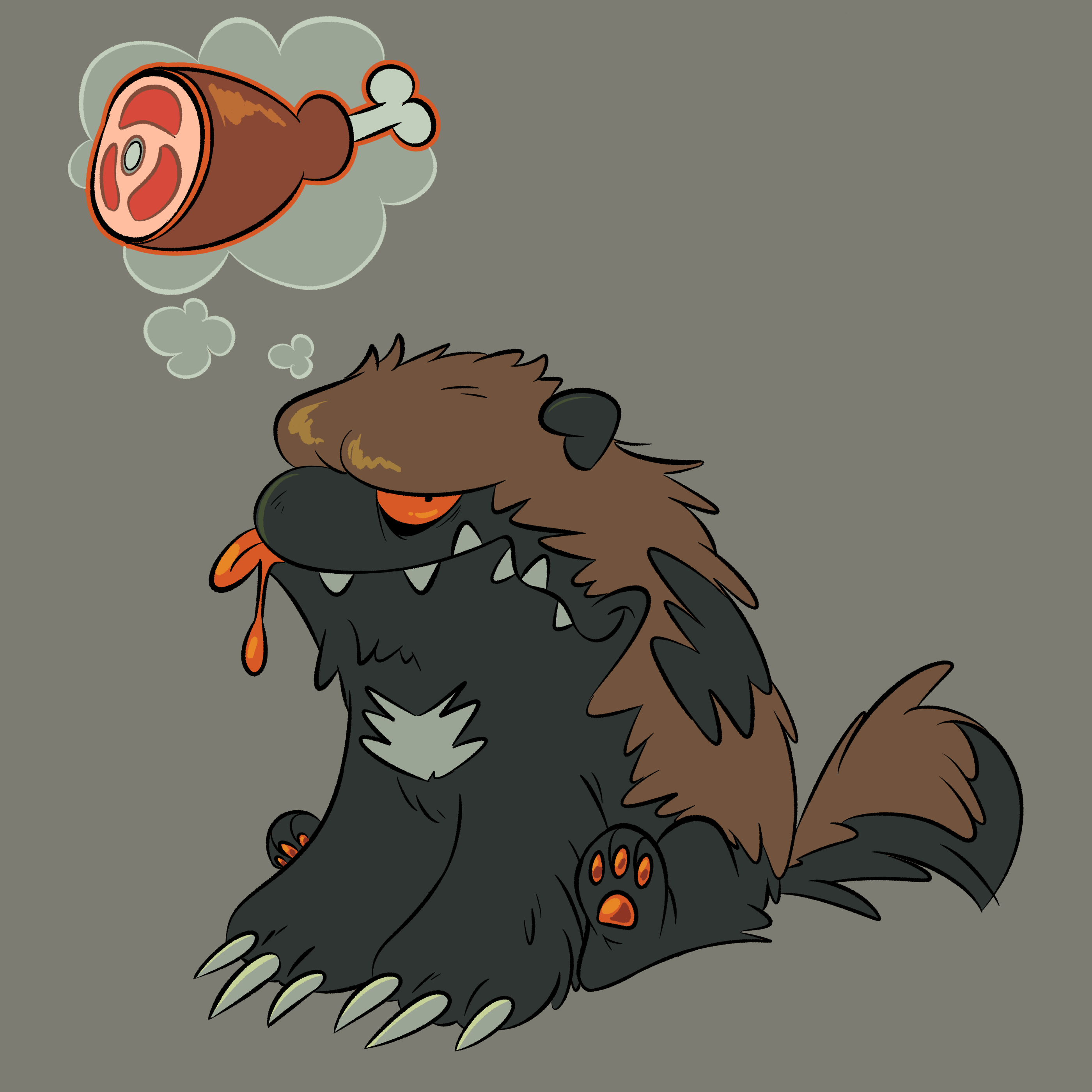 Drawing of a wolverine inspired creature design. She's sitting down thinking about a large piece of meat while drooling.