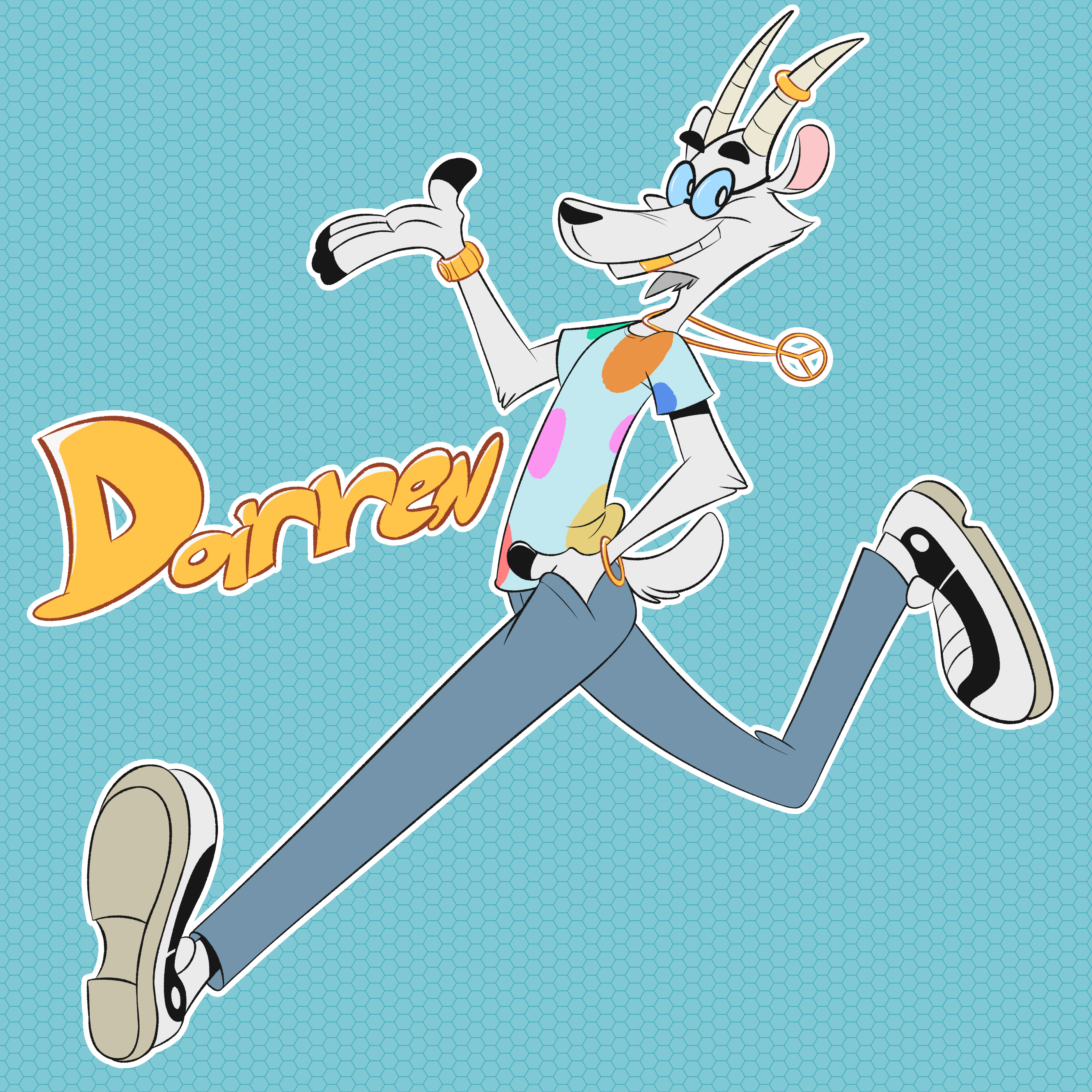 Drawing of an anthropomorphic goat. He's wearing a pale blue shirt with dot patterns, blue jeans, glasses, sneakers and various pieces of gold jewelry.