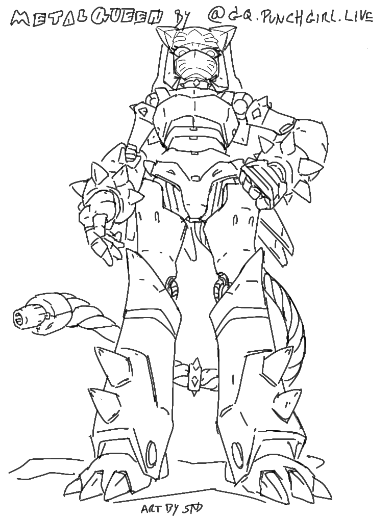Spikey giant robot cat girl. Digital line art.
