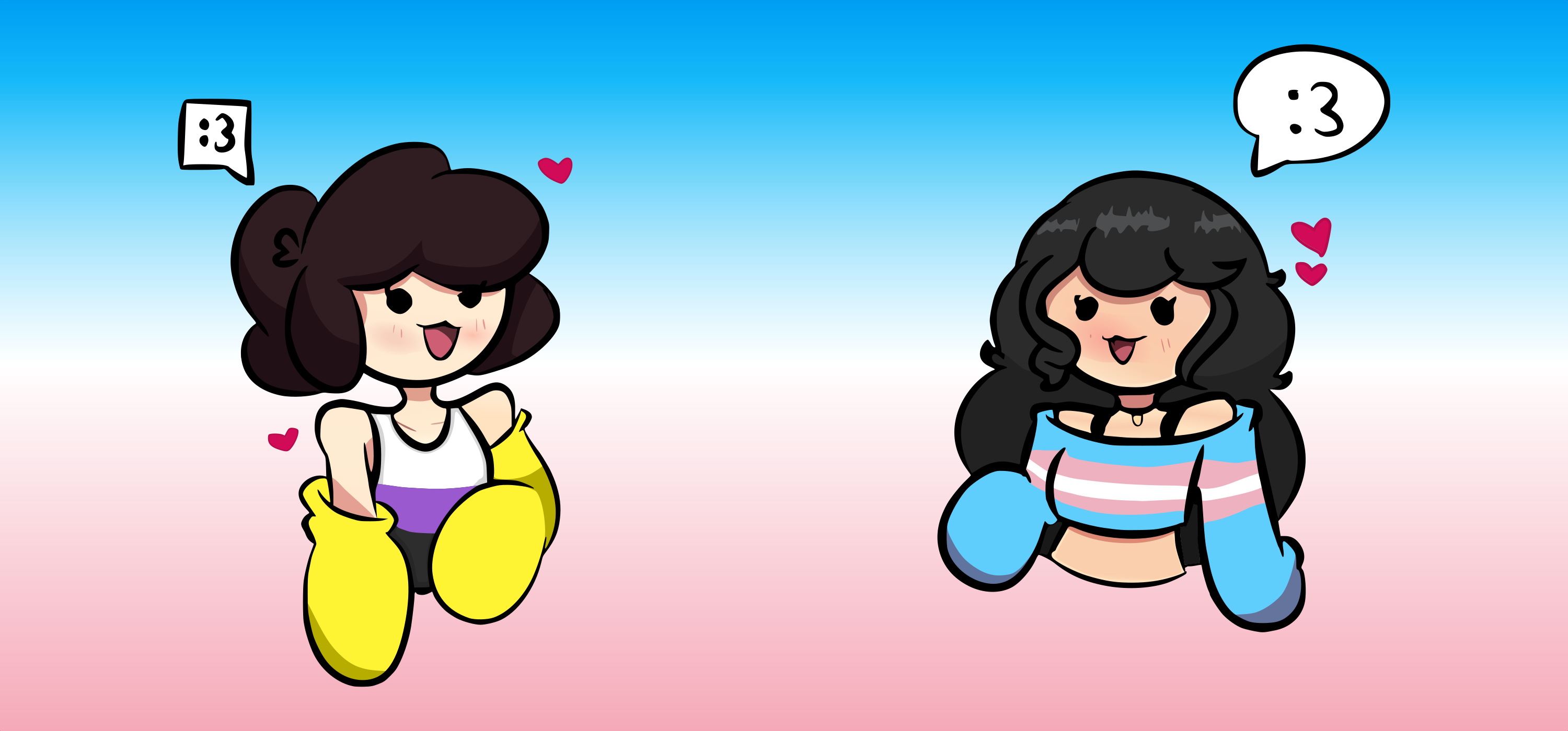 A scene depicting an enby and a trans girl character communicating via speech bubbles.
The enby has light brown hair and is wearing the colors of the non-binary pride flag while the trans girl is bedecked in the colors of the trans flag.
The speech bubbles  read " :3".
The background features the colors of the trans flag as a gradient and there are hearts around both characters.