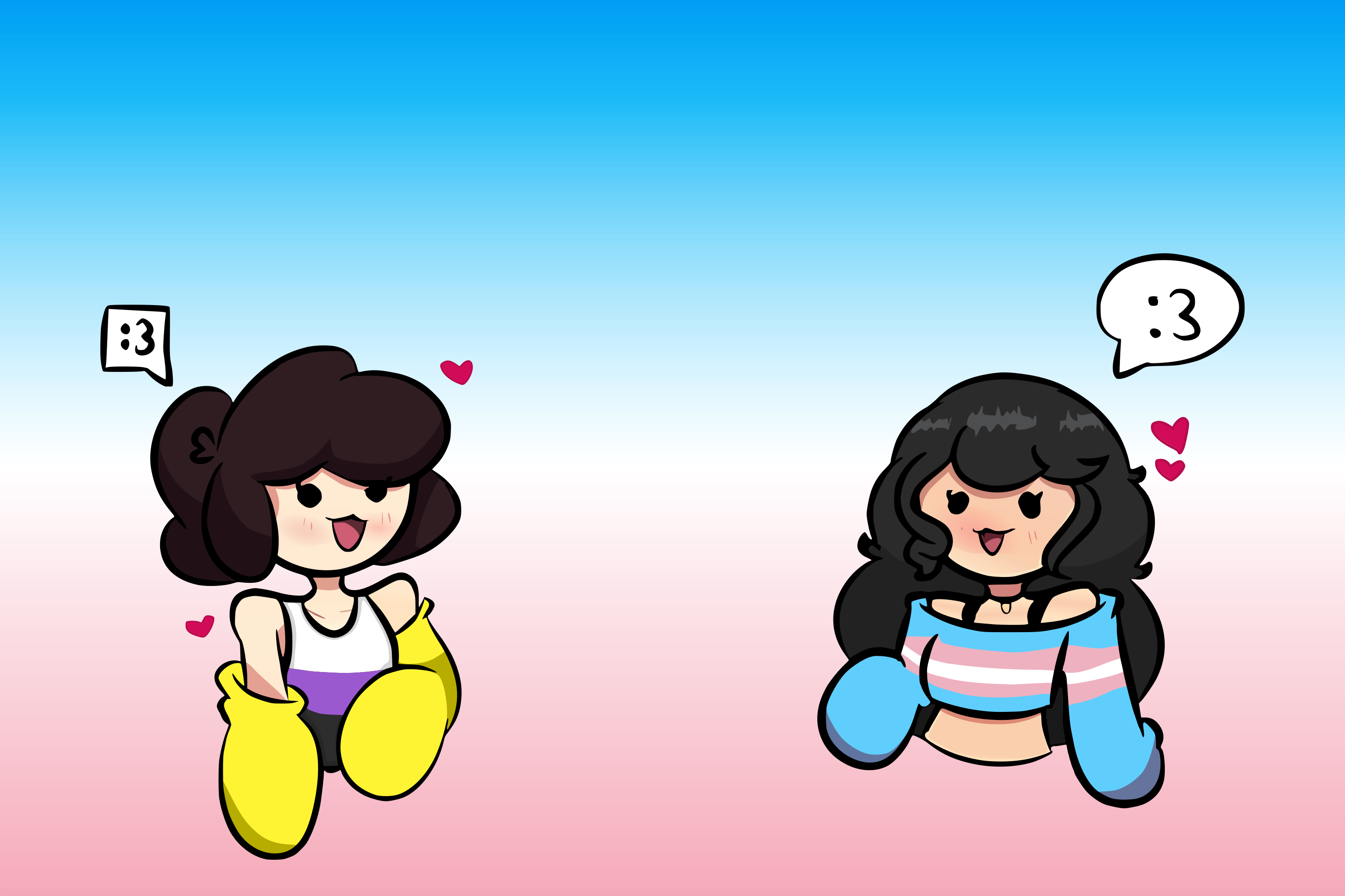 A template depicting an enby and a trans girl character communicating via speech bubbles.
The enby has light brown hair and is wearing the colors of the non-binary pride flag while the trans girl is bedecked in the colors of the trans flag.
The speech bubbles  read " :3".
The background features the colors of the trans flag as a gradient and there are hearts around both characters.
