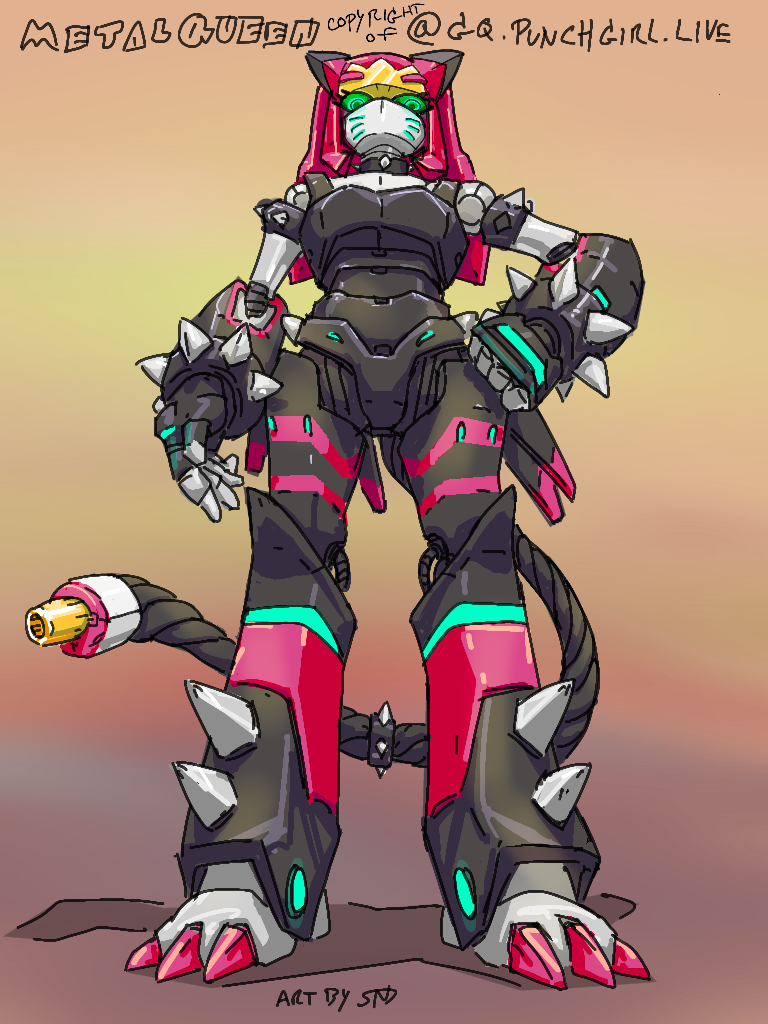 The spikey giant robot cat girl drawing, colored in mostly black with red accents. She has small glowing green lights around her chassis. Some parts are gray. Her claws and metal-hair are red.