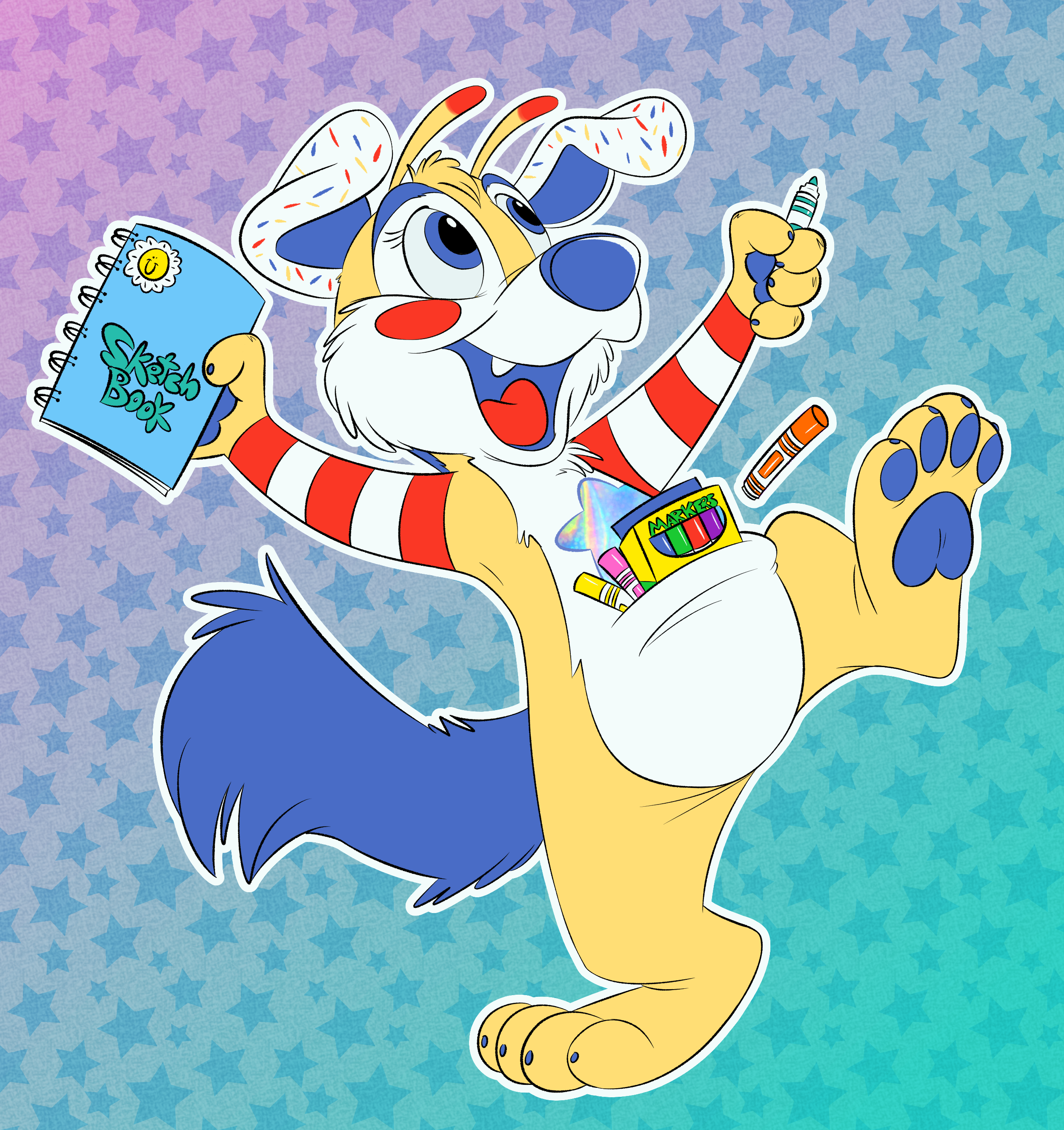 Drawing of a anthropomorphic cartoon dog like alien with a pouch containing a box of markers + some loose markers. She holds an uncapped marker in one of her paws and a sketch book in the other.