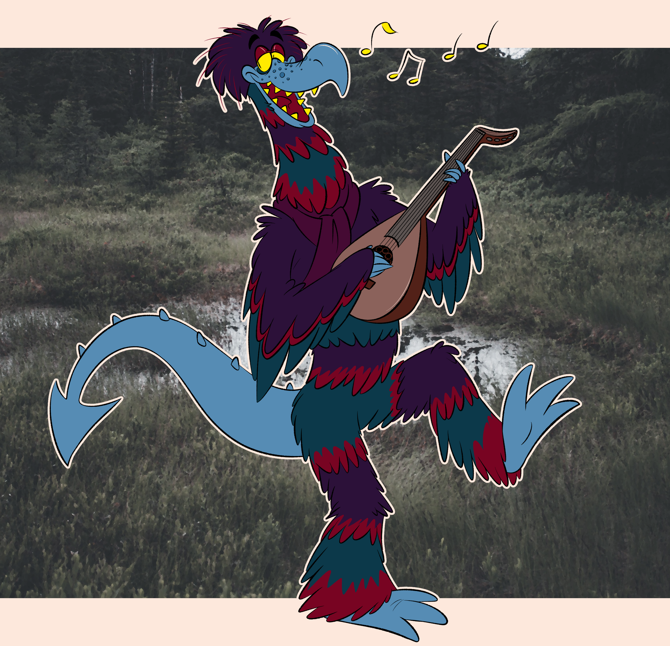 Drawing of a multicolored bird monster. He's singing while holding a barbat (a Persian lute).