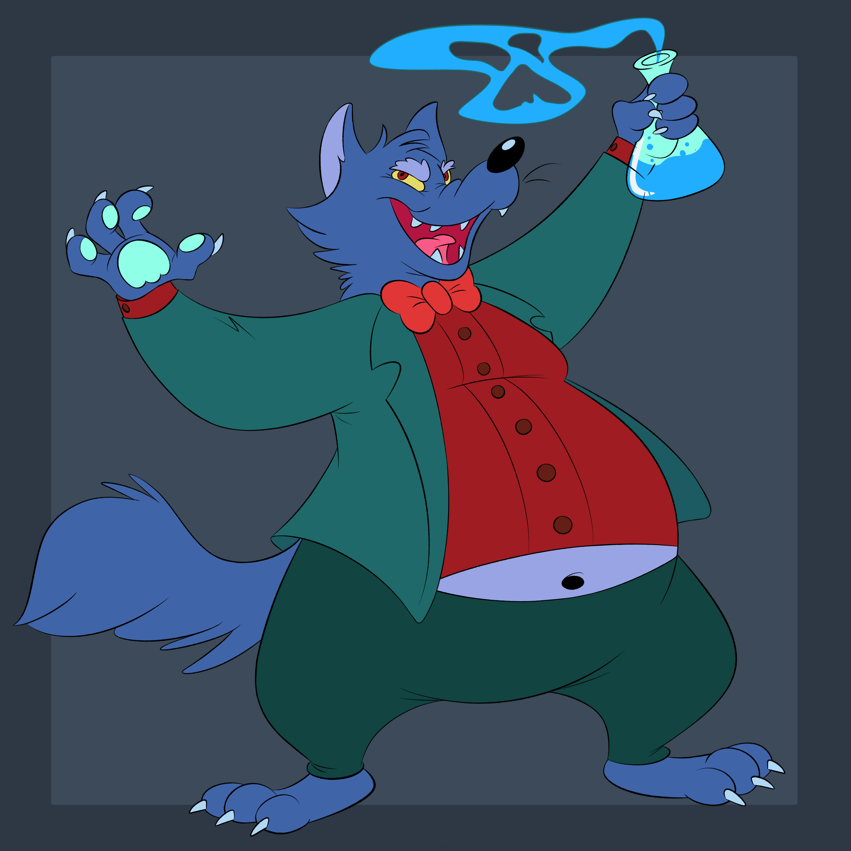 Drawing a fat blue anthropomorphic wolf. He has a somewhat crazed expression and is holding a glass beaker with a steaming blue liquid.