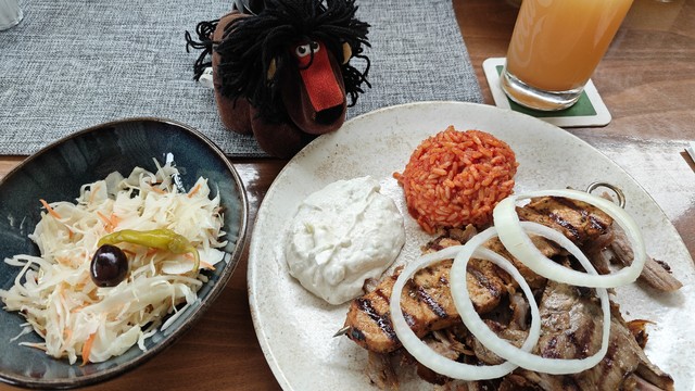 Afrolöwe futtert einen Tsaziki Teller: Reis, verschiedenes Grillfleisch, Tsaziki, und Krautsalat. 