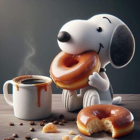 Snoopy mit Kaffee und Donuts. 