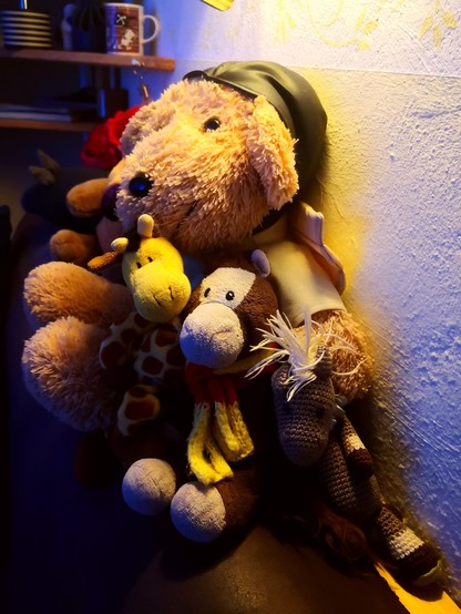 Der SchEB, ein cremefarbener recht großer Teddybär mit Fliegermütze, hält die Plüschies Giraffe Kami, Reidepony und Strickpony Zuppi im Arm.