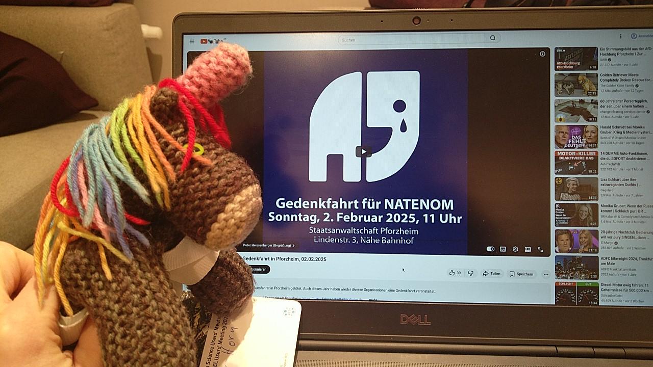 Max, das bunte Strickhorn, schaut am Laptop ein Video: „Gedenkfahrt für Natenom; Sonntag, 2. Februar 2025, 11 Uhr“; das Natenom-Logo, ein stilisierter Elefant, mit Träne.