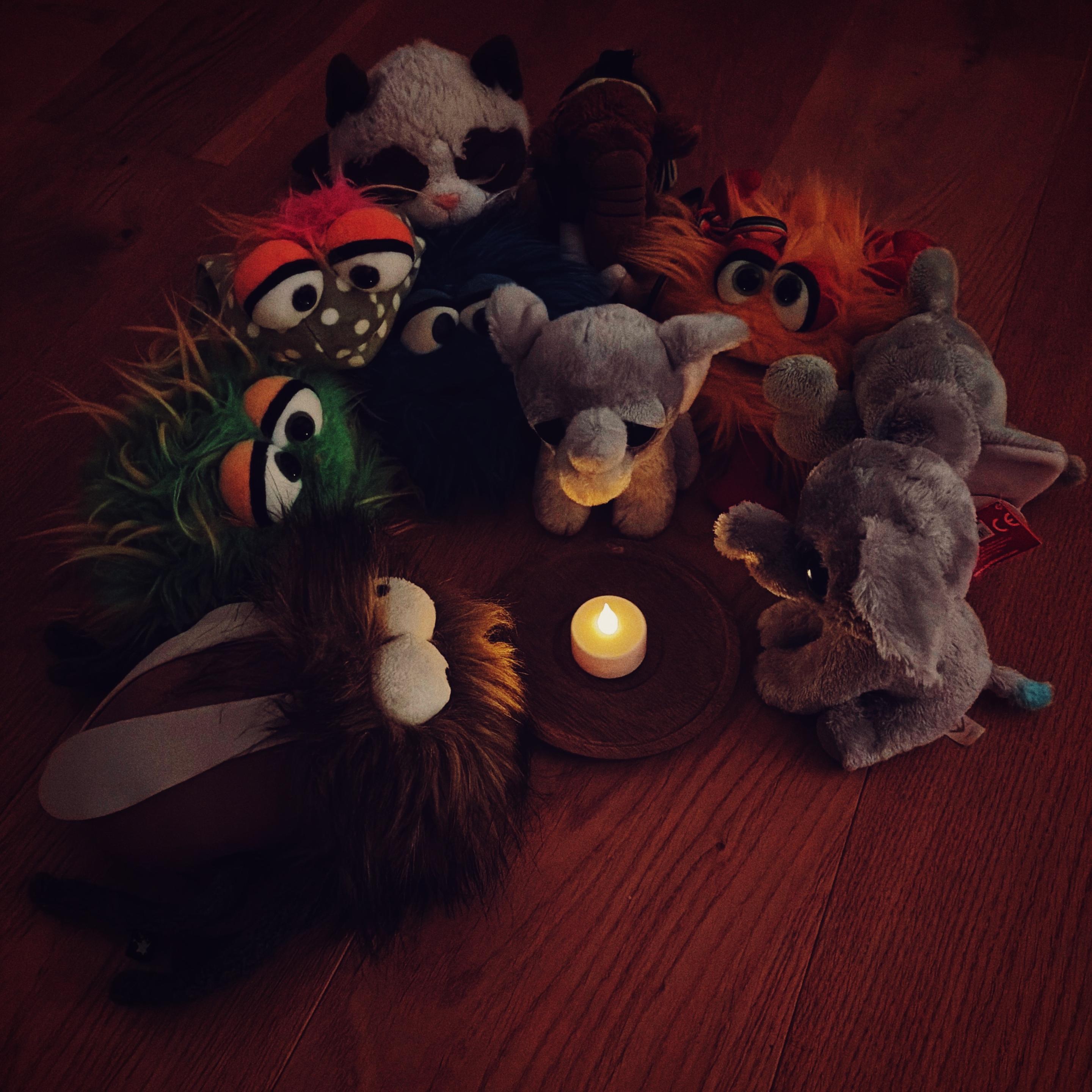 Eine Gruppe von Plüschtieren, die in einem Kreis um eine kleine Kerze auf einer Holzoberfläche angeordnet sind. Zu den Plüschtieren gehören farbenfrohe und abwechslungsreiche Figuren wie eine Mücke, Elefanten und Kreaturen mit großen Augen und buntem Fell, die eine behagliche, aber auch trauernde Atmosphäre schaffen.