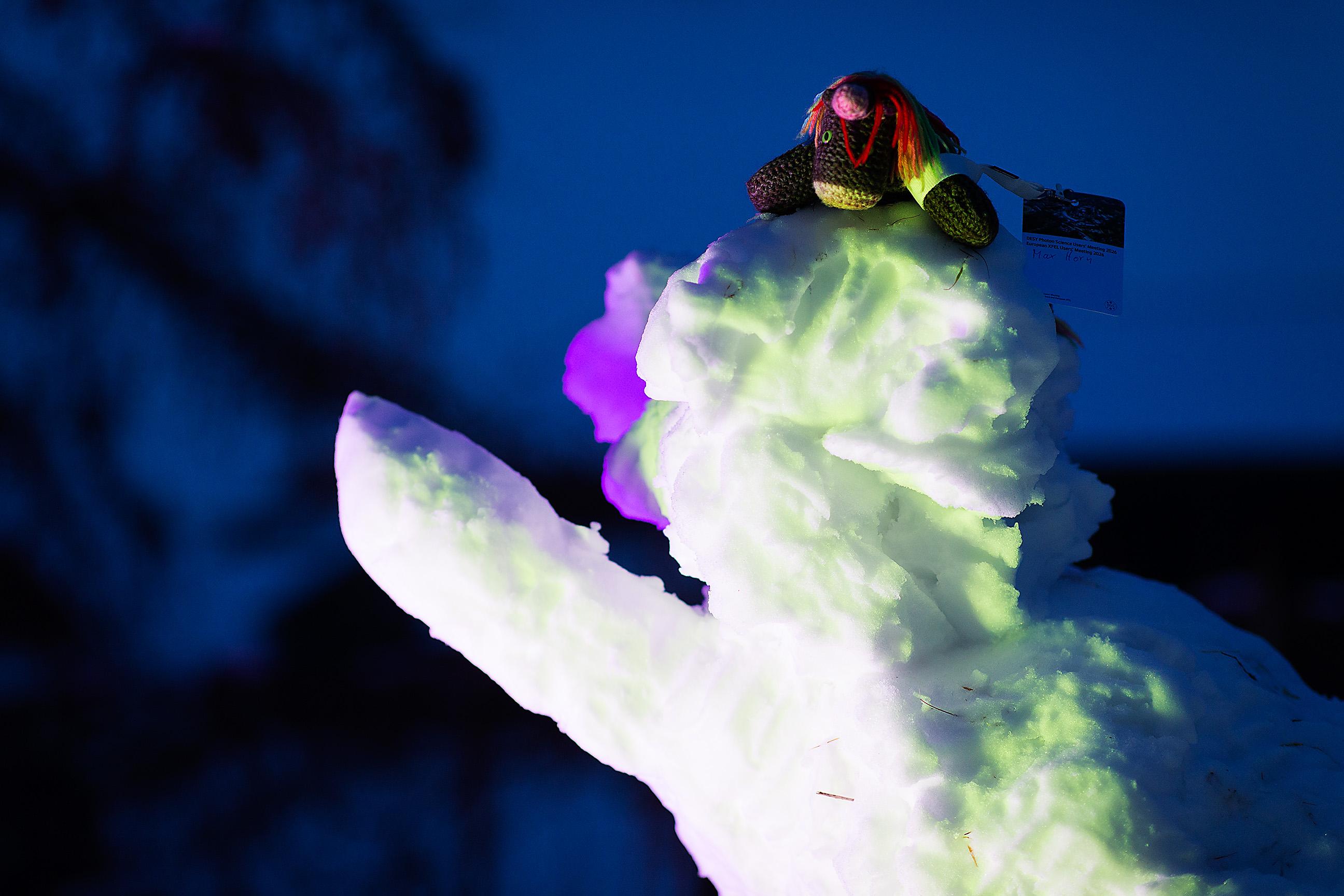 Max, das bunte Strickhorn, auf einem Schneeelefanten; dank Bildbeschreibung erkennen wir deutlich (!!) links den Rüssel, direkt unter Max ein Ohr.