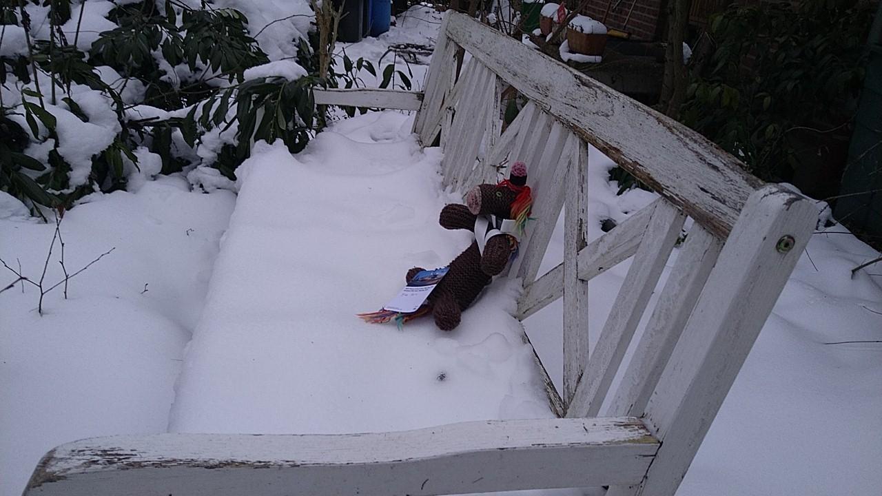 Max, das bunte Strickhorn, auf einer weißen Holzbank im Schnee.